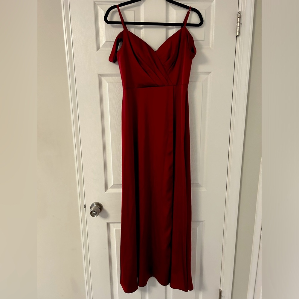 Azazie Ocean Satin Flowy V-Neck Pleated Stretch Satin Long Dress in Pomegranate